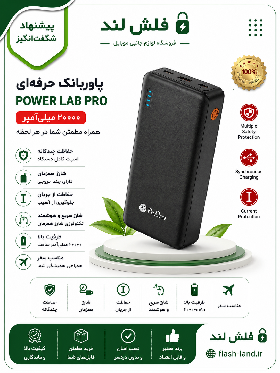 پاوربانک ProOne مدل PPB5212 ظرفیت 20000 میلی‌آمپرساعت