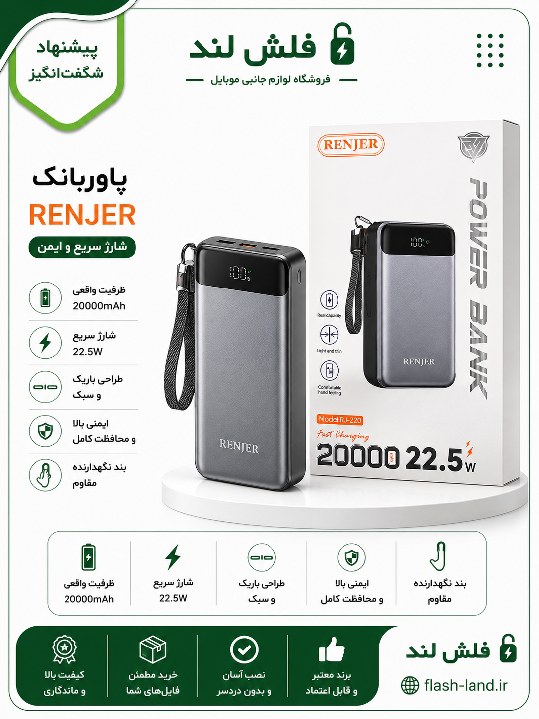 پاوربانک Renjer مدل rj-Z20 ظرفیت 20000 میلی‌آمپرساعت