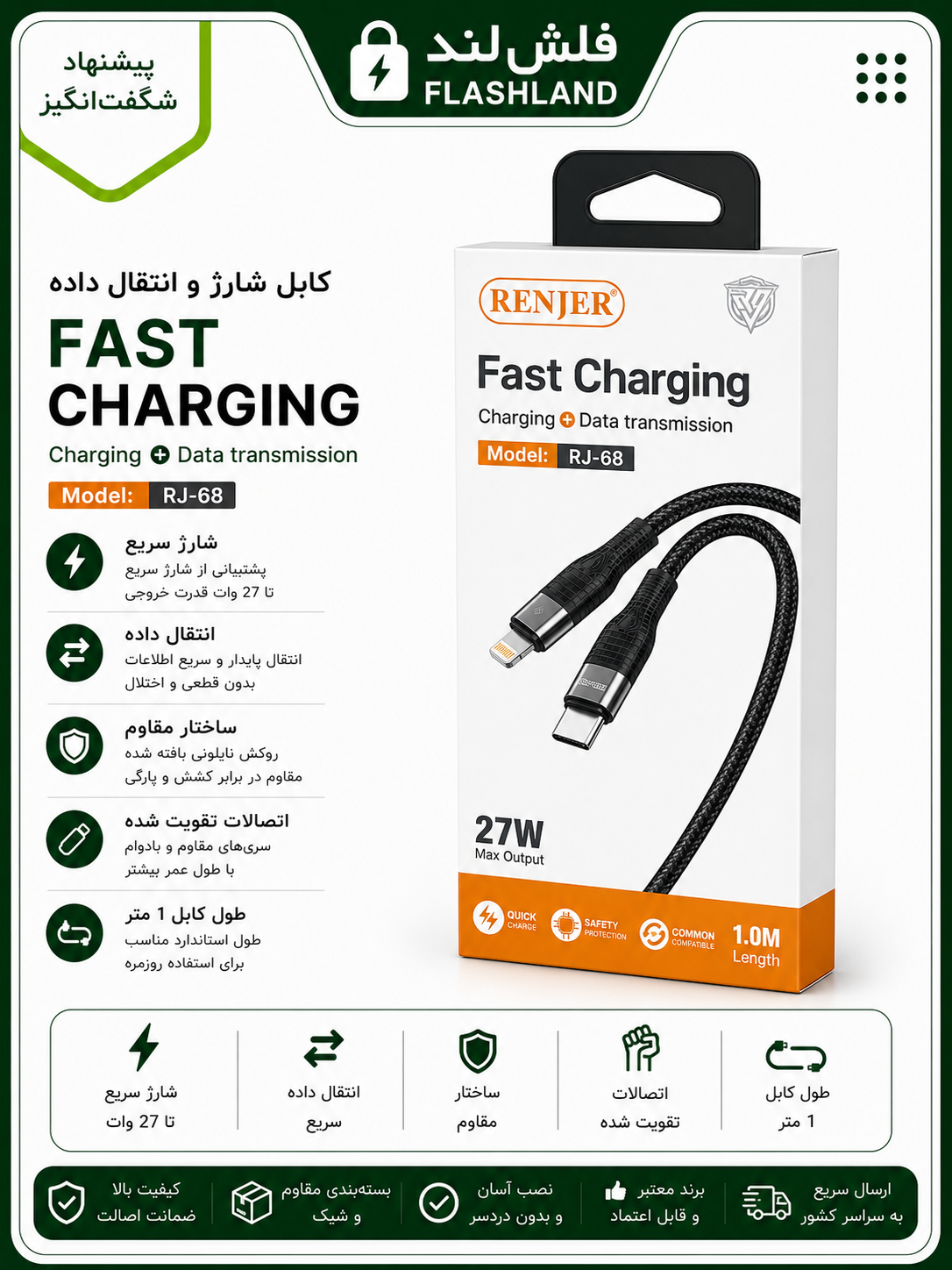 کابل شارژ و انتقال داده RENJER مدل: RJ-68 (Type-C به Lightning)