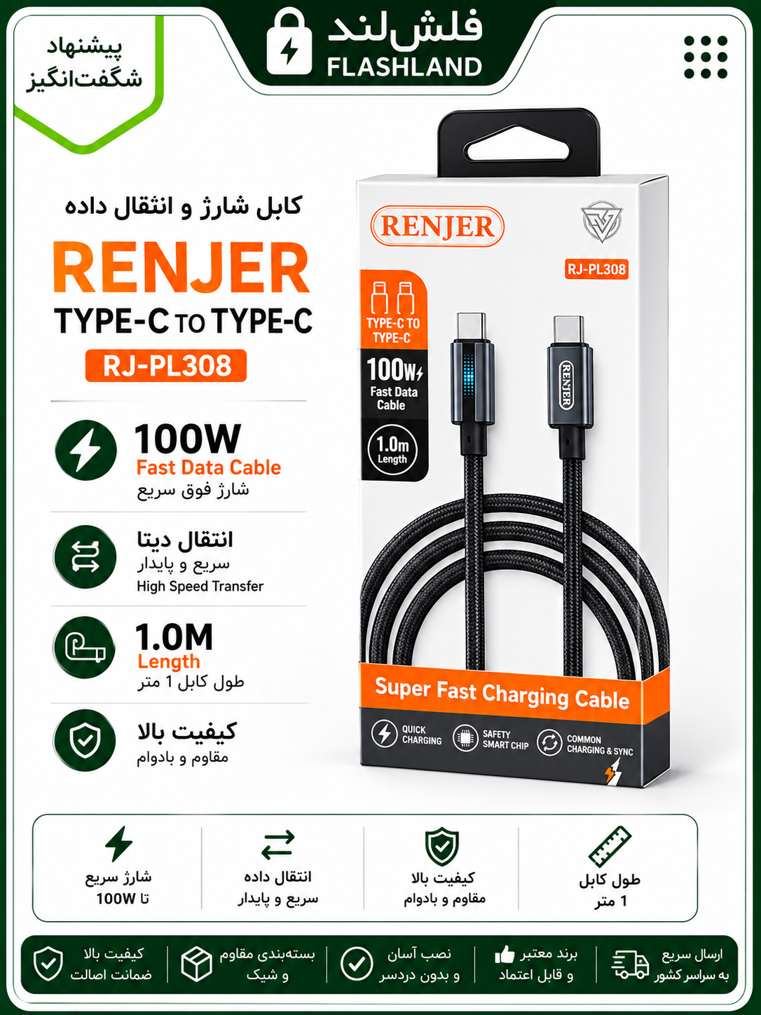 کابل Type-C به Type-C رنجر مدل  RENJER RJ-PL308 (100W)