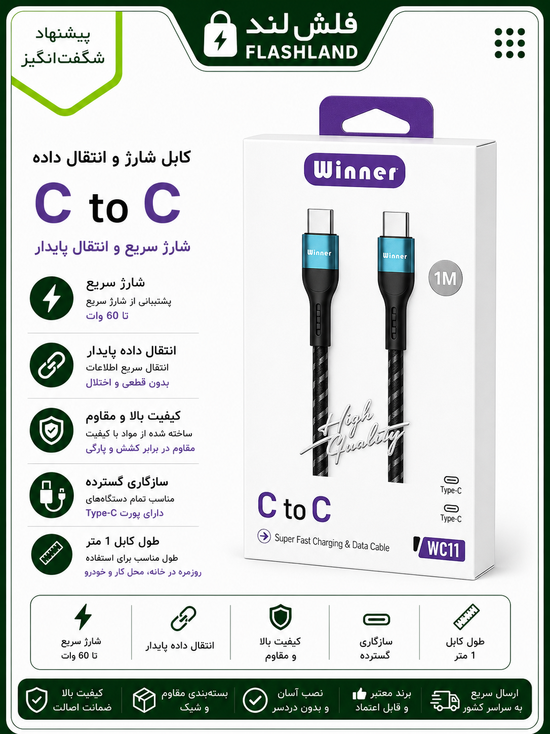 کابل شارژ و انتقال داده Winner Type-C to Type-C مدل WC11